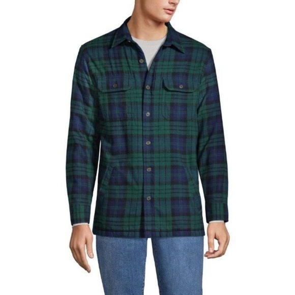 LANDSEND Men's Flannel Sherpa Lined Shirt Jacket with Pockets - Picture 3 of 4